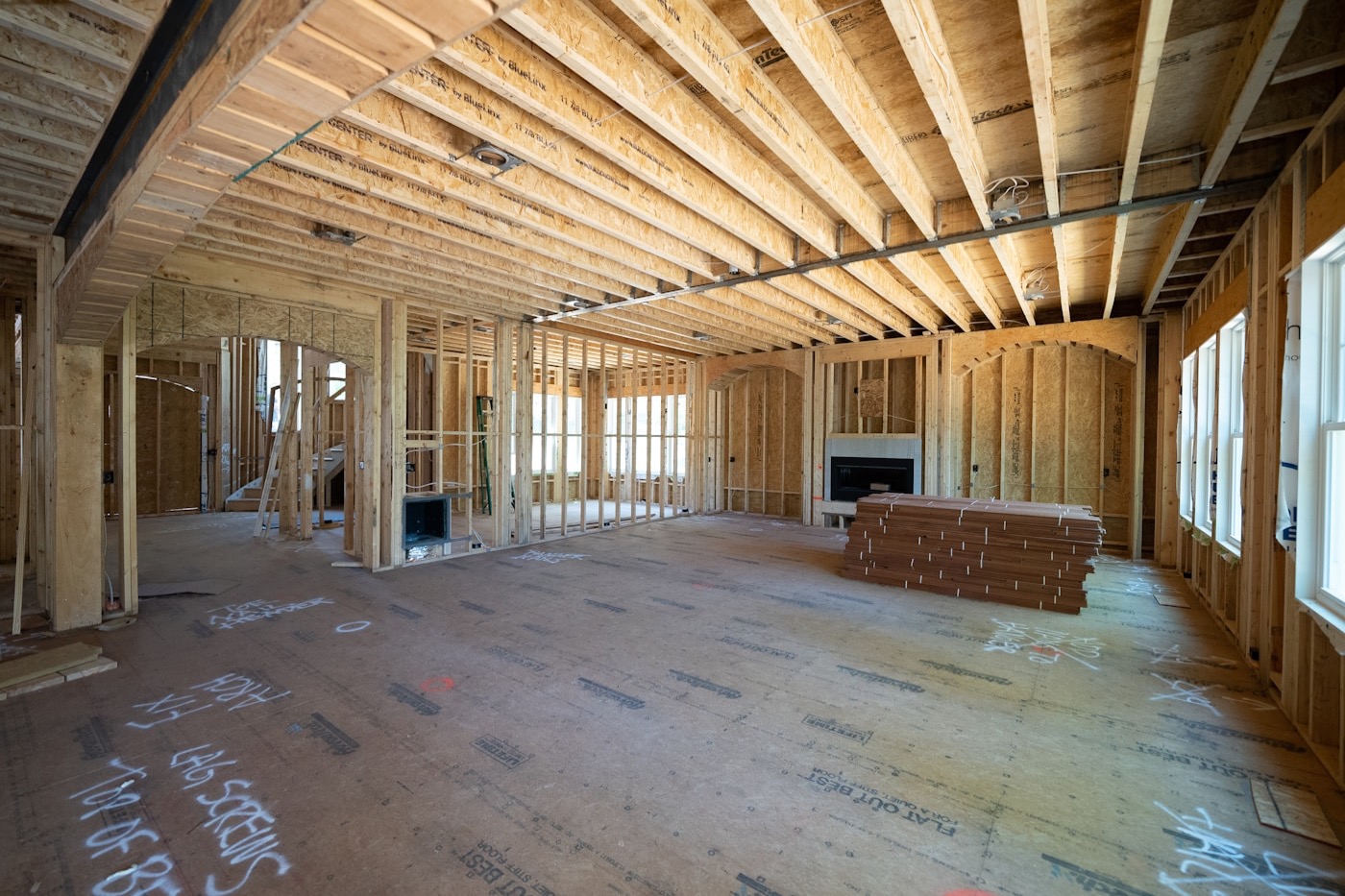 Interior framing of a new home under construction before drywall installation